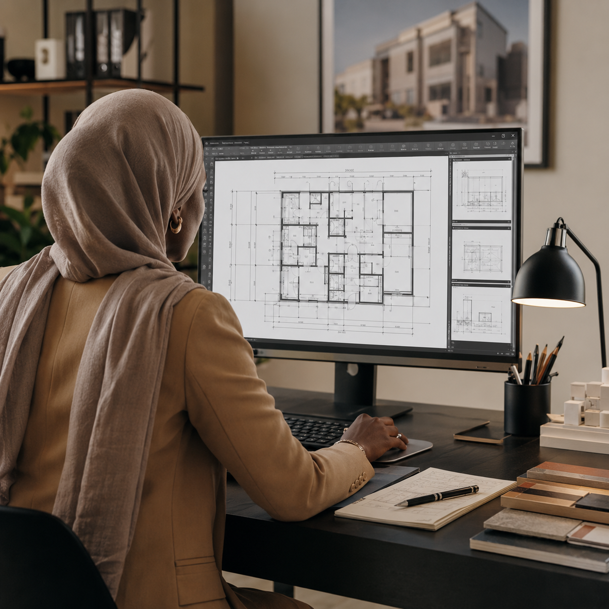 مهندسة معمارية سودانية تراجع مخططات سكنية وتجارية على محطة عمل هندسية