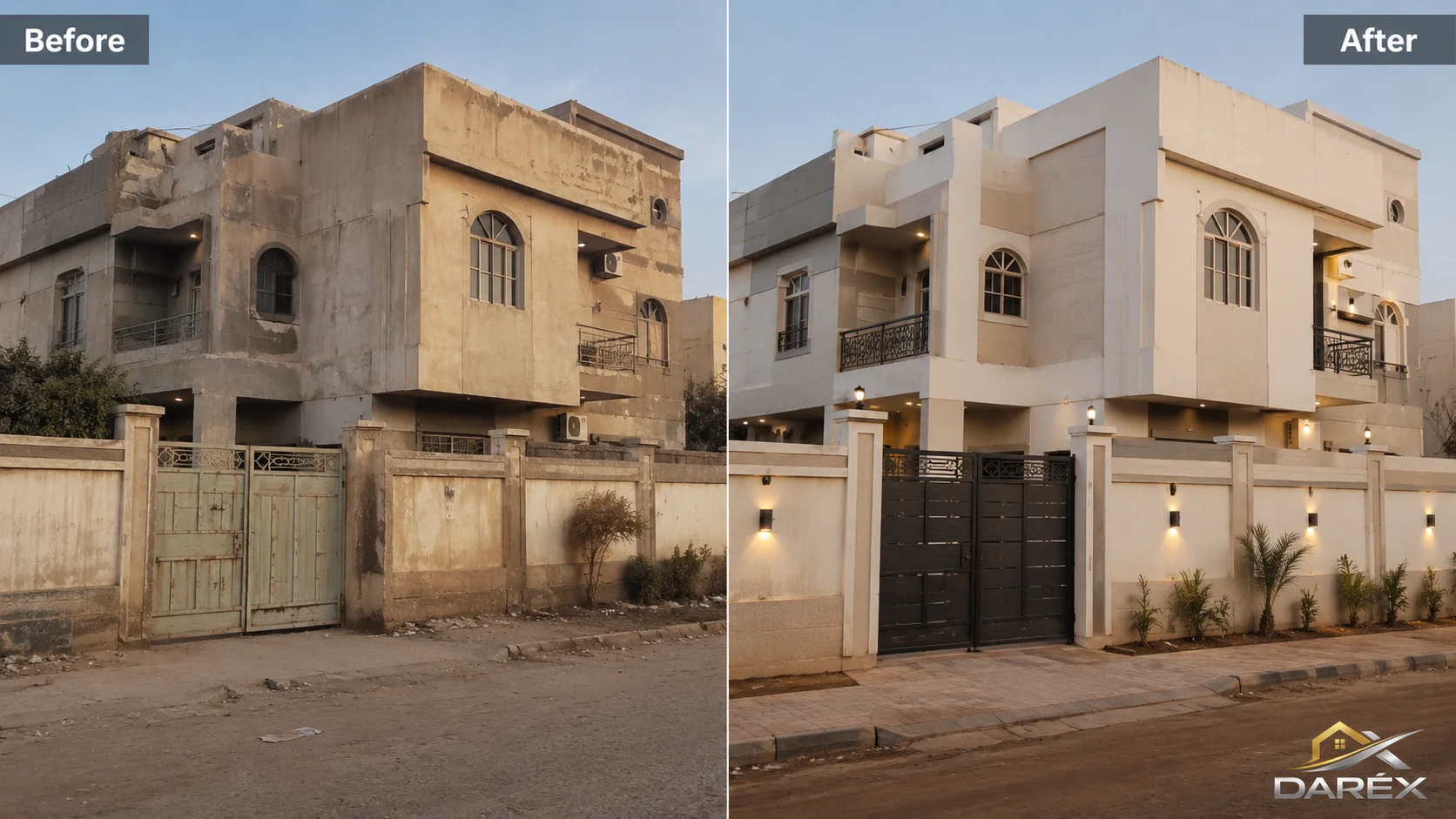 تصور بصري قبل وبعد لتجديد واجهة عقار في السودان
