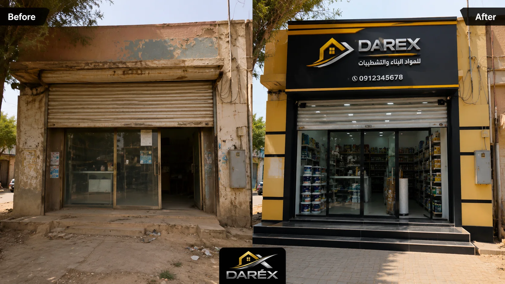 تصور قبل وبعد لتأهيل واجهة محل تجاري لشركة DAREX في السودان