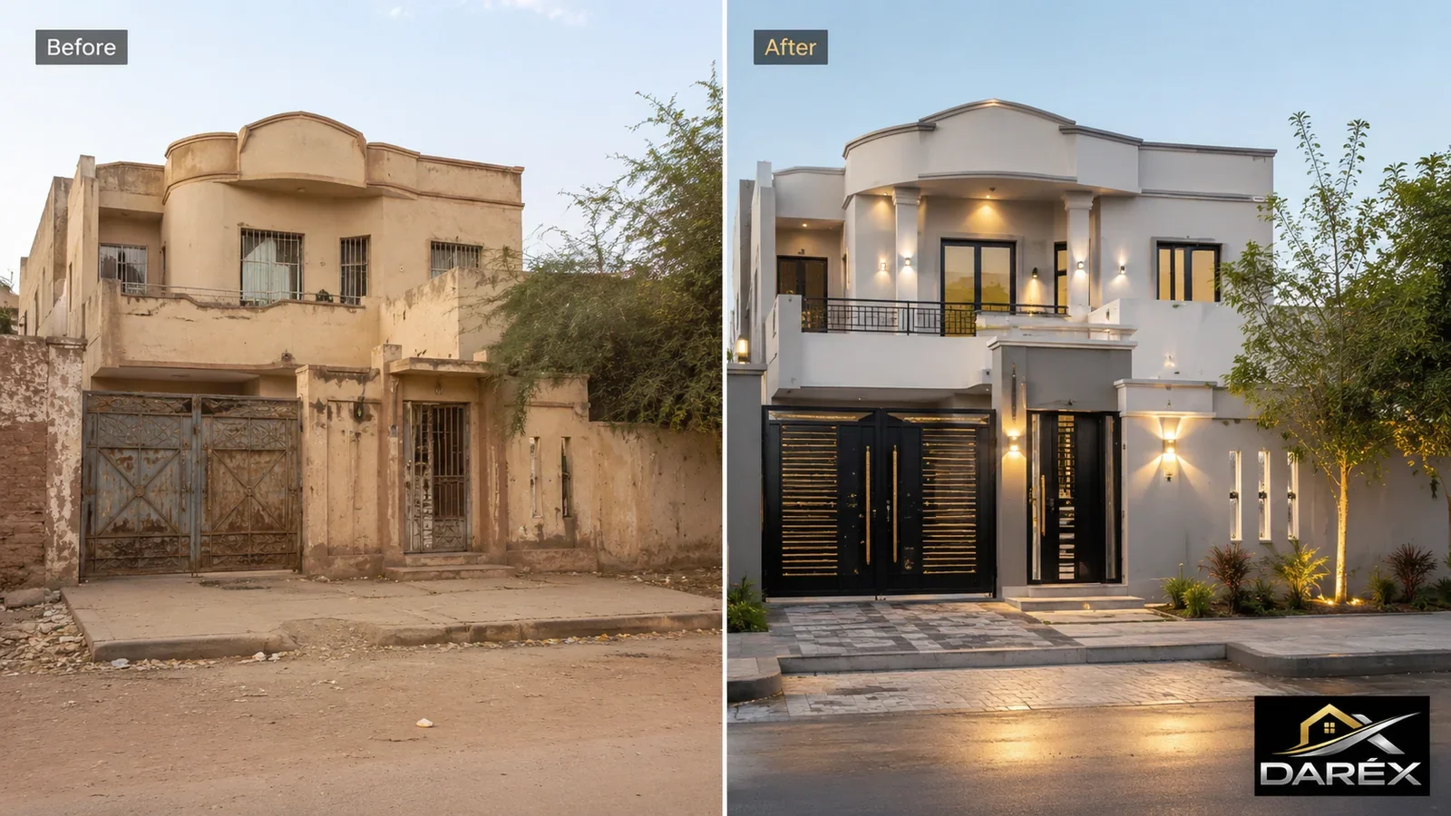 تصور قبل وبعد لتجديد الواجهة الخارجية لمبنى سكني في السودان